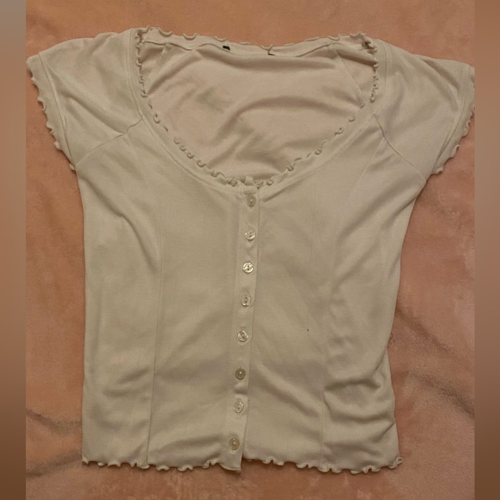 Forever 21 White Button Lettuce Trim Low Cut Top